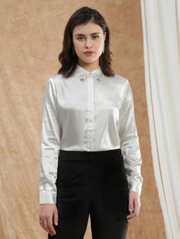 Globus - Women Off White Embellished Spread Collar Satin Party Shirt