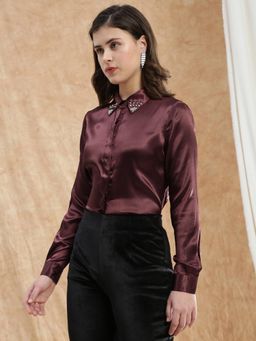 Globus - Women Red Embellished Spread Collar Satin Party Shirt - Maroon