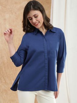 Globus - Women Blue Spread Collar Patch Pocket High-Low Hem Oversized Shirt