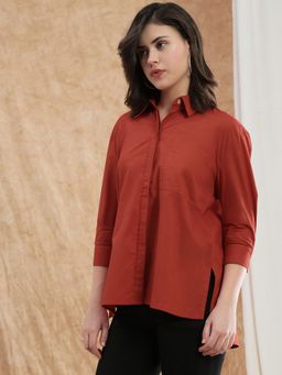 Globus - Women Rust Spread Collar Patch Pocket High-Low Hem Oversized Shirt