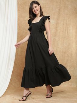 Globus - Women Black Square Neck Bow Cut-Out Detail Back Tiered Fit And Flare Dress