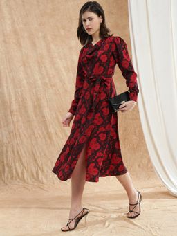 Globus - Women Red Cowl Neck Floral Front Slit A-Line Dress With Belt