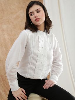 Globus - Women White Band Collar Schiffili Lace Detail Pleated Shirt