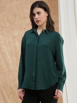 Globus - Women Teal Spread Collar Curved Hem Oversized Formal Shirt - Green