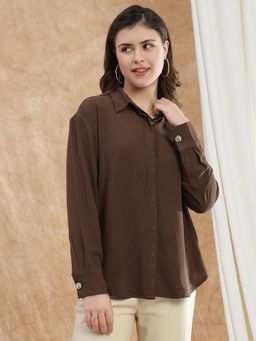 Globus - Women Brown Spread Collar Curved Hem Oversized Formal Shirt