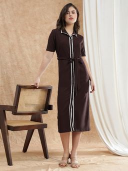 Globus - Women Brown Collared Neck Half Sleeves Self Design Workwear Shirt Dress With Belt