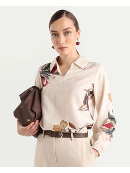 RAREISM - Floral Print Bishop Sleeve Top - Beige