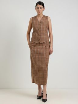 FableStreet - Cotton Plaid Waistcoat Co-Ord - Brown