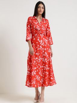 FableStreet - Floral Fit And Flare Dress - Red
