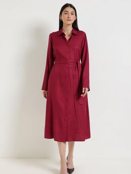 FableStreet - A-Line Button-down Dress - Wine - Burgundy