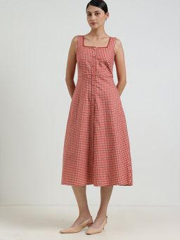 FableStreet - Cotton Fit And Flare Gingham Dress - Rust
