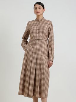 FableStreet - Cotton Fit And Flare Gingham Dress - Brown