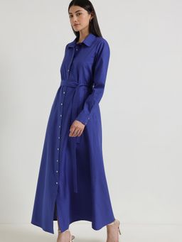 FableStreet - Cotton A-Line Button-down Dress With Belt - Blue