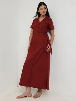 FableStreet - Shift Dress With Belt - Maroon