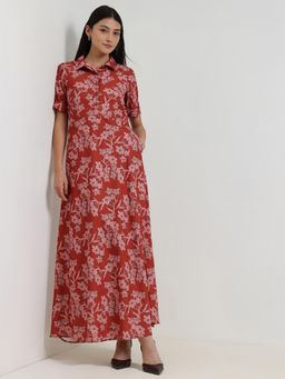 FableStreet - Floral Fit And Flare Dress - Red
