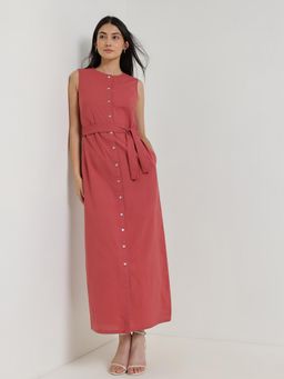 FableStreet - Cotton Button Fly Sleeveless Shift Dress With Belt - Red