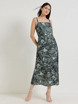 FableStreet - Floral A-Line Dress - Charcoal