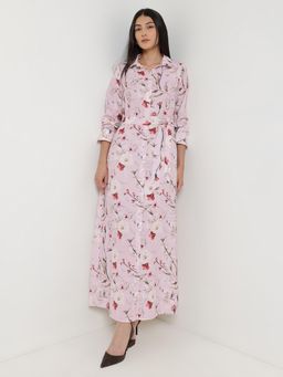FableStreet - Floral Button-down Dress With Belt - Baby Pink