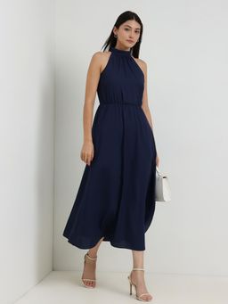 FableStreet - Halter Neck Fit And Flare Dress - Navy Blue