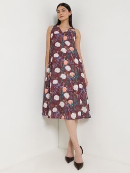FableStreet - Floral A-Line Dress - Brown