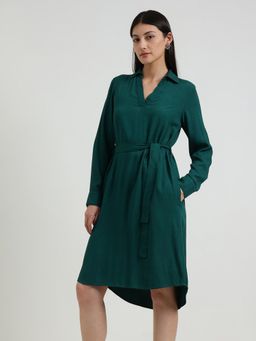 FableStreet - High Low A-Line Dress With Belt- Bottle Green