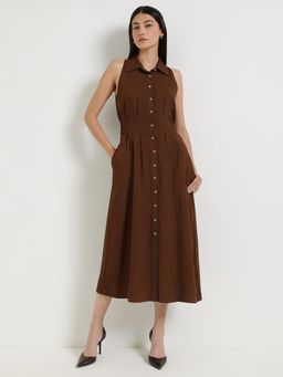 FableStreet - Fit And Flare Button-down Maxi Dress - Brown