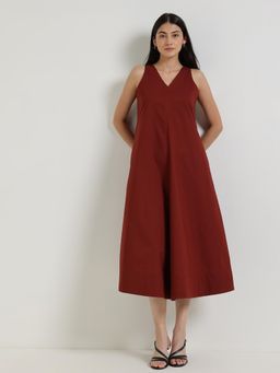 FableStreet - Cotton Fit And Flare Dress - Maroon