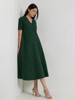 FableStreet - Cotton Fit And Flare Dress - Green