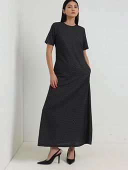 FableStreet - Polka Dot A-Line Dress With Belt - Black