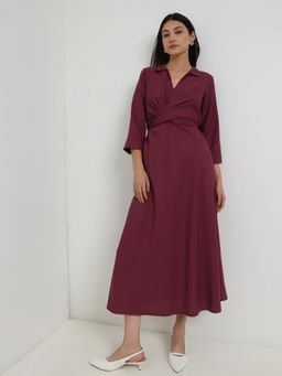 FableStreet - Flare And Fit Dress - Wine - Burgundy