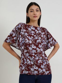FableStreet - Floral Boat Neck Top - Maroon