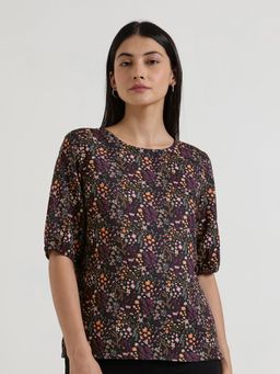 FableStreet - Floral Round Neck Top - Black
