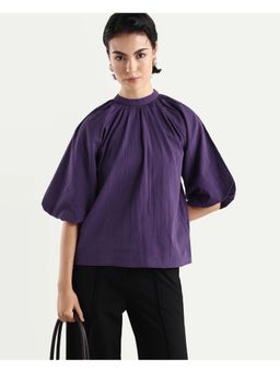 RAREISM - Solid/Plain Textured Balloon Sleeve Top - Purple