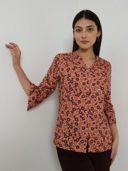FableStreet - Floral V-Neck Top - Brown