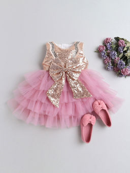 Hopscotch - Girls Pink Bow Applique Sleeveless Party Dress