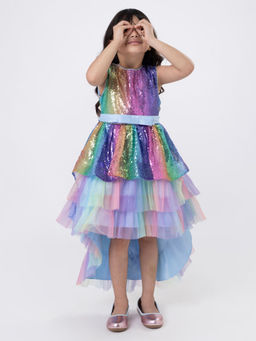 Hopscotch - Girls Blue and Purple Sequin Embellished High-Low Hem Sleeveless Party Dress