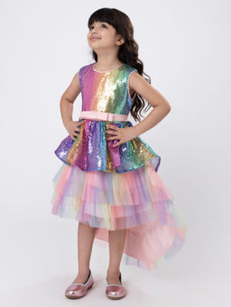 Hopscotch - Girls Peach Sequin Embellished High-Low Hem Sleeveless Party Dress