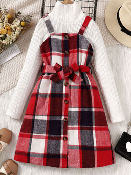 Hopscotch - Girls White And Red Check Print Full-Sleeve Pinafore With Textured Blouse And Belt