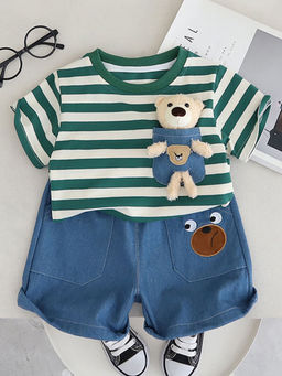 Hopscotch - Boys Green And Blue Stripe Print T-Shirt And Shorts
