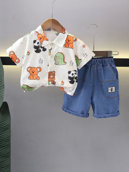 Hopscotch - Boys White And Blue Animal Print Shirt And Shorts