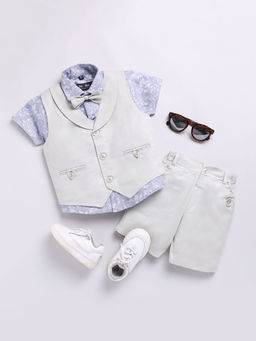 Hopscotch - Boys Purple And Grey All-Over Print Shirt, Waistcoat And Shorts With Bow