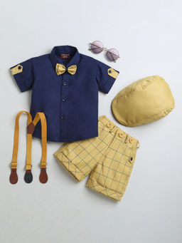 Hopscotch - Boys Navy And Gold Checkered Shirt And Shorts With Suspender, Cap And Bow