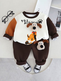 Hopscotch - Unisex Brown And White Text Print Sweatshirt And Joggers Set