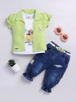 Hopscotch - Girls Green And Navy Text Print T-Shirt, Jacket And Jeans Set With Belt
