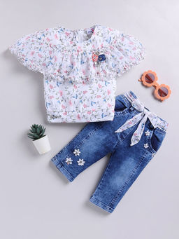 Hopscotch - Girls White And Blue Floral Print Cape Sleeve Blouse And Jeans Set
