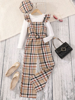 Hopscotch - Girls Khaki And White Plaid Print T-Shirt And Dungaree Overall Set With Cap