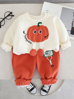 Hopscotch - Boys Coral And White Pumpkin Print Sweatshirt And Joggers Set