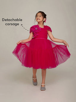Hopscotch - Floral Applique Party Dress With Bow Hair Clip And Brooch