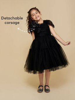 Hopscotch - Floral Applique Party Dress With Bow Hair Clip And Brooch