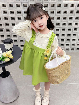 Hopscotch - Girls Green And White Polka Dot Print Full-Sleeve Casual Dress